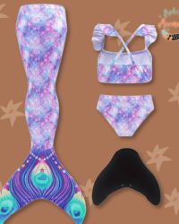 4PC Mermaid Themed Bikini Swimsuit, Mermaid tail & Monofin