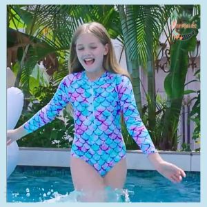 Girls Longsleeve One-Piece Mermaid Swimsuit – Fish Scale Print