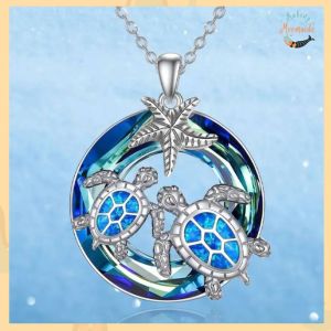 Elegant Dual Turtle & Starfish Round Pendant Necklace