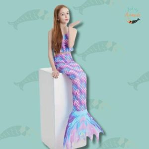 3pc Mermaid Tail Outfit, One Shoulder Cami Top & bikini bottoms