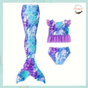 3pc Stretch Mermaid Swimwear Set with mermaid tail and frilled bikini