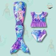 3pc Stretch Mermaid Swimwear Set with mermaid tail and frilled bikini