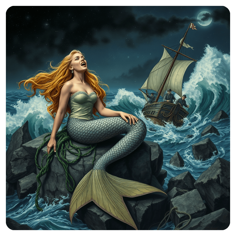 Lure them to the rocks! 🎶🌊 I am a siren of the deep, weaving enchantment with my voice. My melody is irresistible, calling sailors closer until the sea claims them as its own. Mystery, magic, and the thrill of the unknown—who could resist?